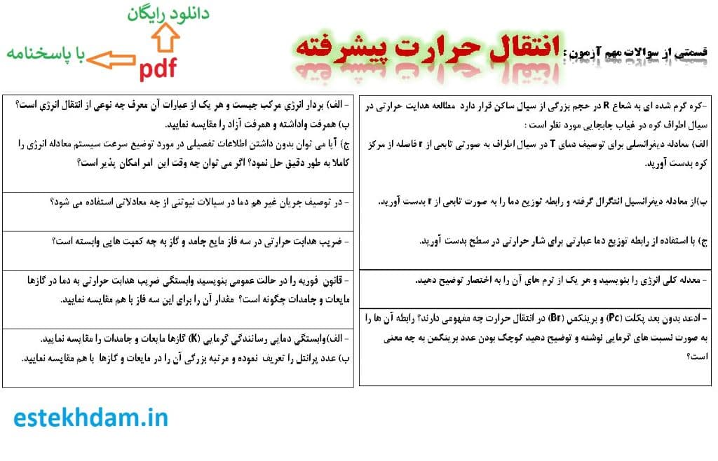 نمونه سوالات انتقال حرارت پیشرفته - استخدامی