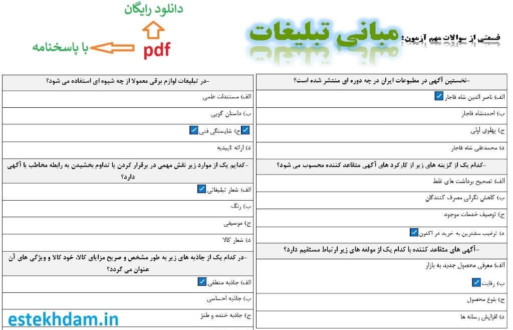 نمونه سوالات مبانی تبلیغات - استخدامی