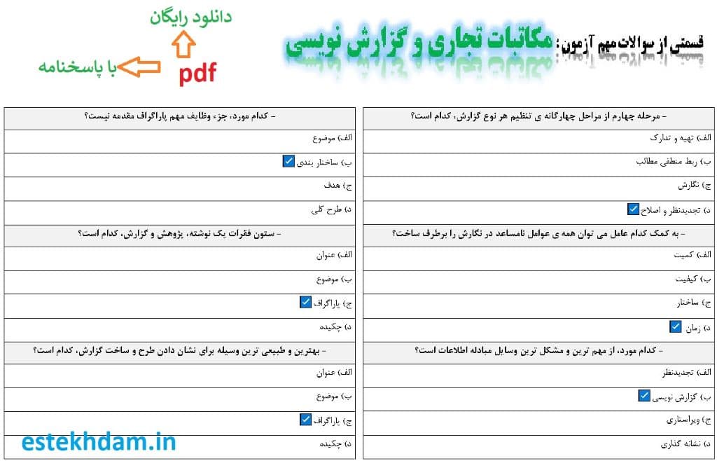 نمونه سوالات مکاتبات تجاری و گزارش نویسی - استخدامی