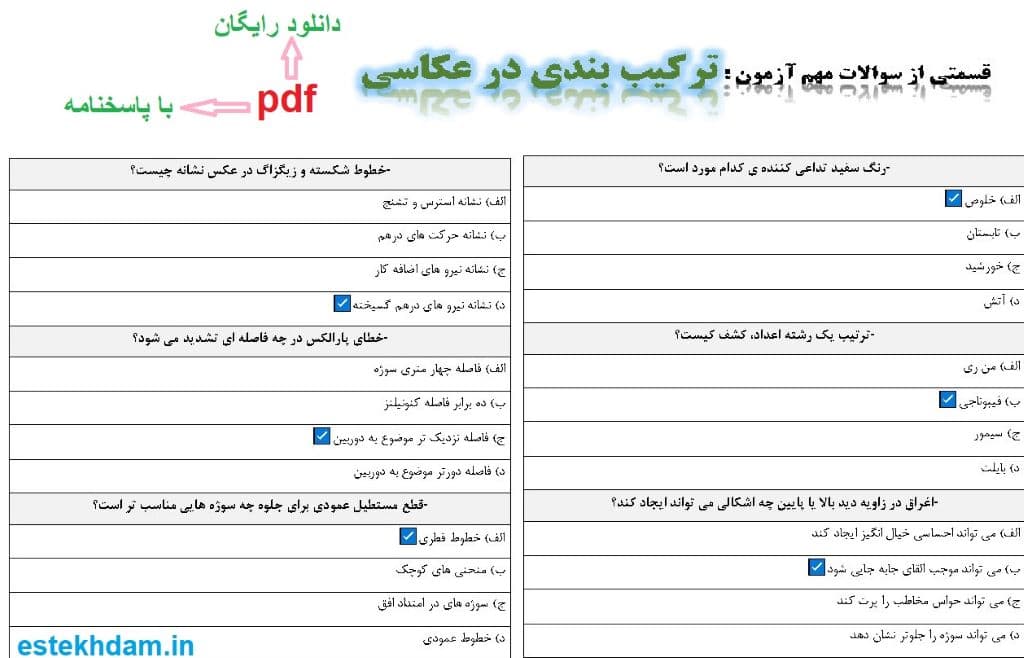 نمونه سوالات ترکیب بندی در عکاسی - استخدامی
