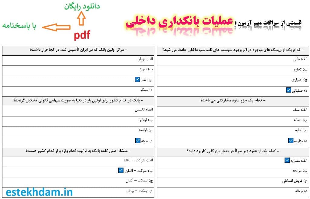 نمونه سوالات عملیات بانکداری داخلی - استخدامی