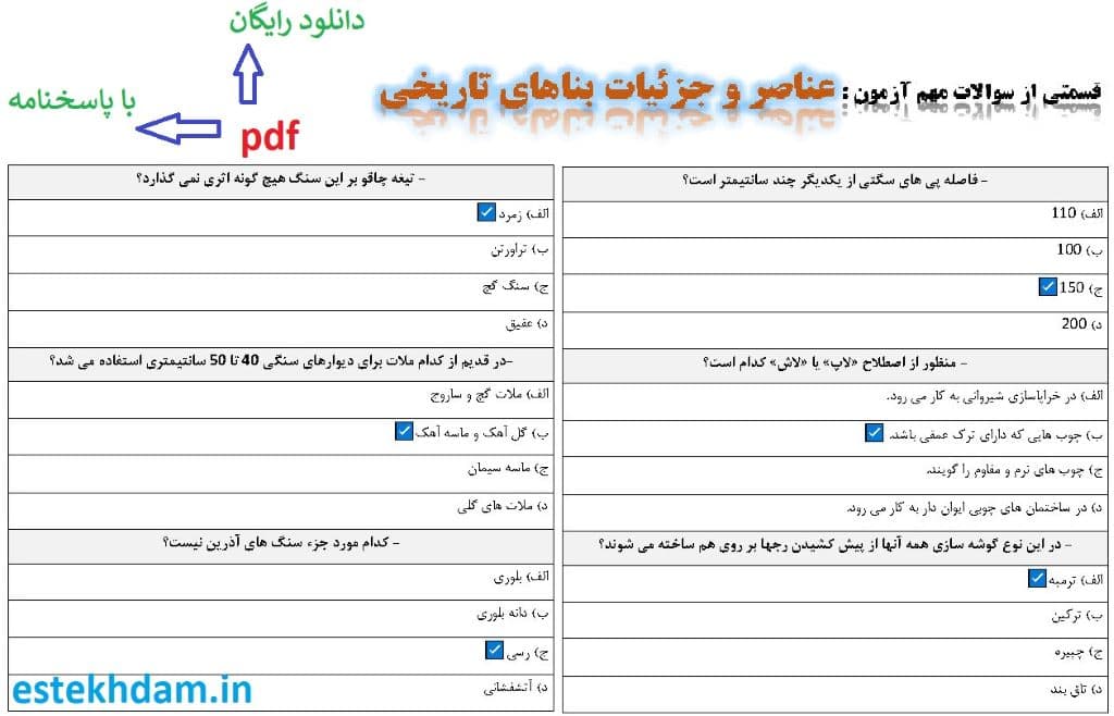 نمونه سوالات عناصر و جزئیات بناهای تاریخی _ استخدامی