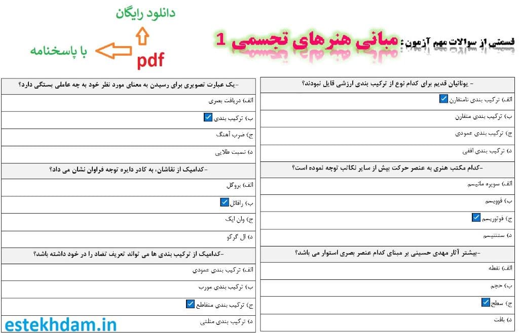 نمونه سوالات مبانی هنرهای تجسمی 1 - استخدامی