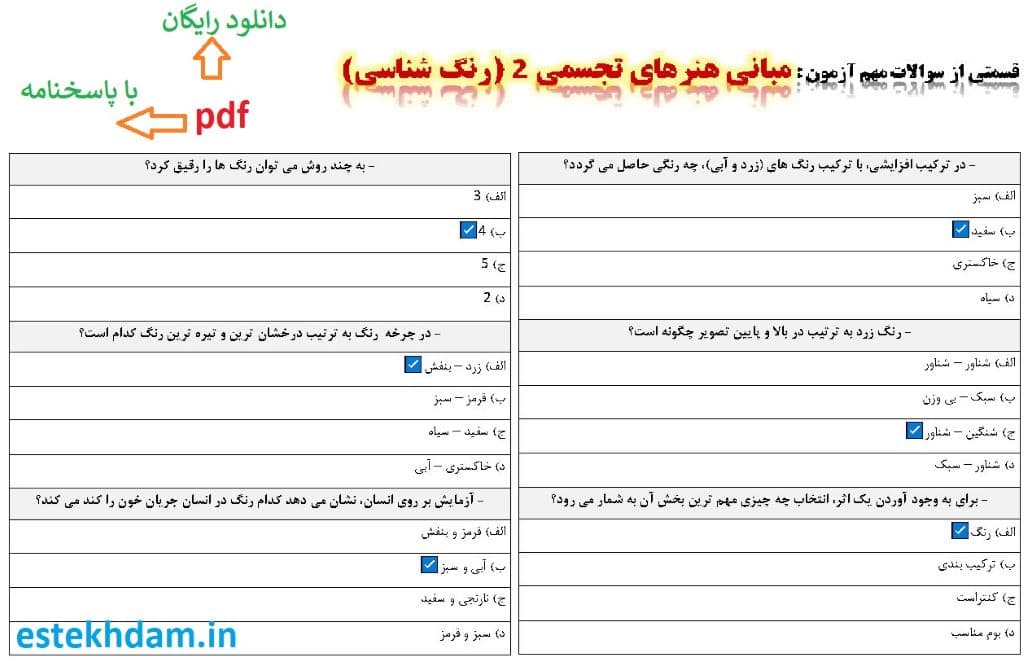نمونه سوالات مبانی هنرهای تجسمی 2 (رنگ شناسی) - استخدامی
