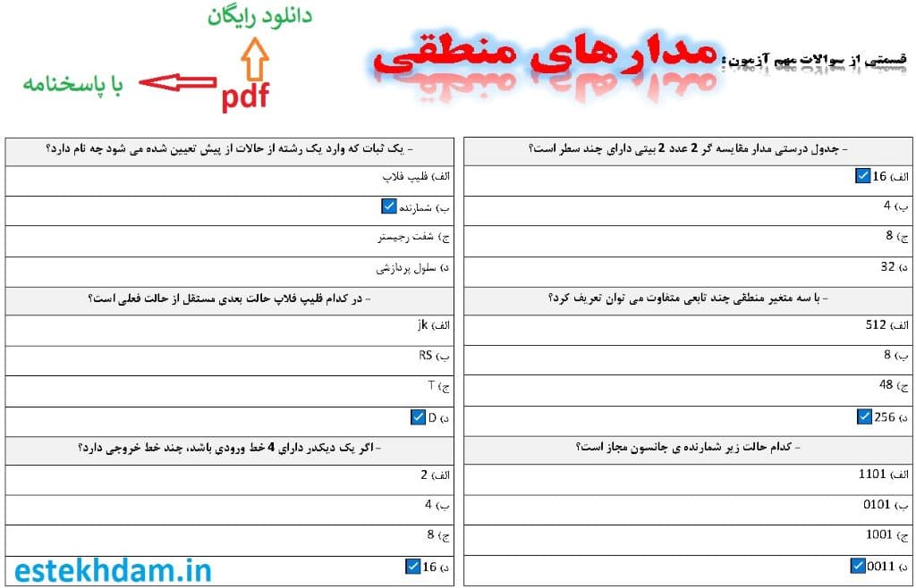 نمونه سوالات مدارهای منطقی - استخدامی