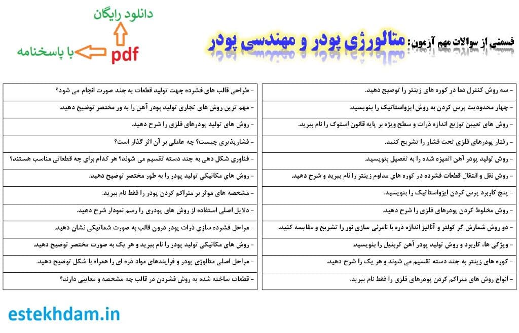 نمونه سوالات متالورژی پودر و مهندسی پودر - استخدامی