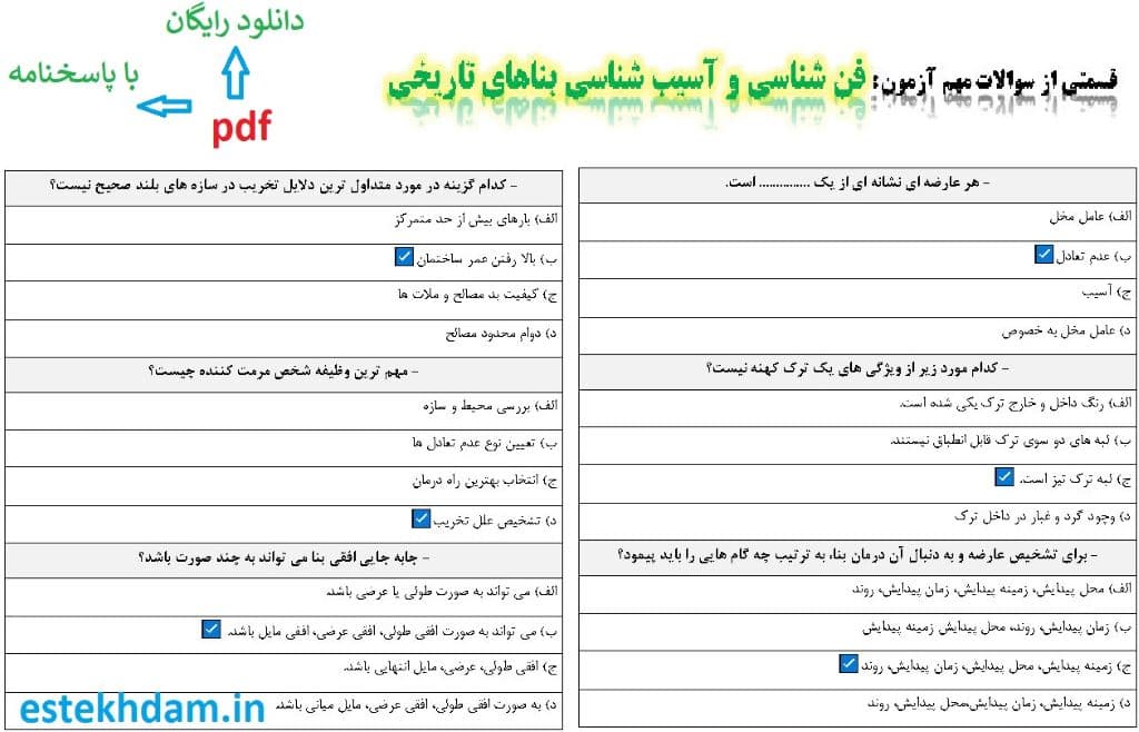 نمونه سوالات فن شناسی و آسیب شناسی بناهای تاریخی - استخدامی